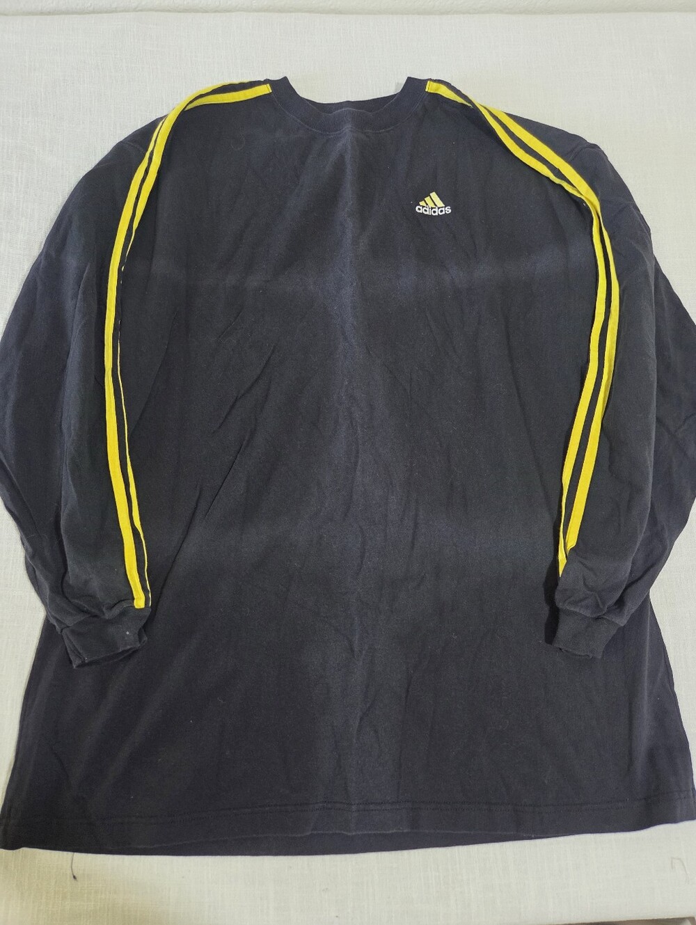 Vintage Y2k Adidas Men’s Black Long-Sleeve Sweatshirt with Yellow Stripes 3XL